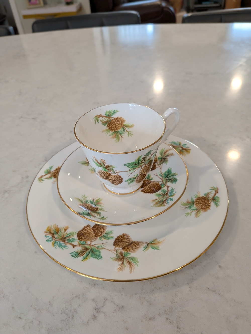 Bone Clarence China England Pinecone Tea Cup, Saucer & Plate Set Vintage 1950s.